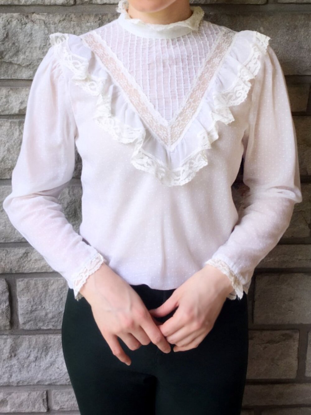 Vintage 70s Lacy White Swiss Dot Prairie Blouse